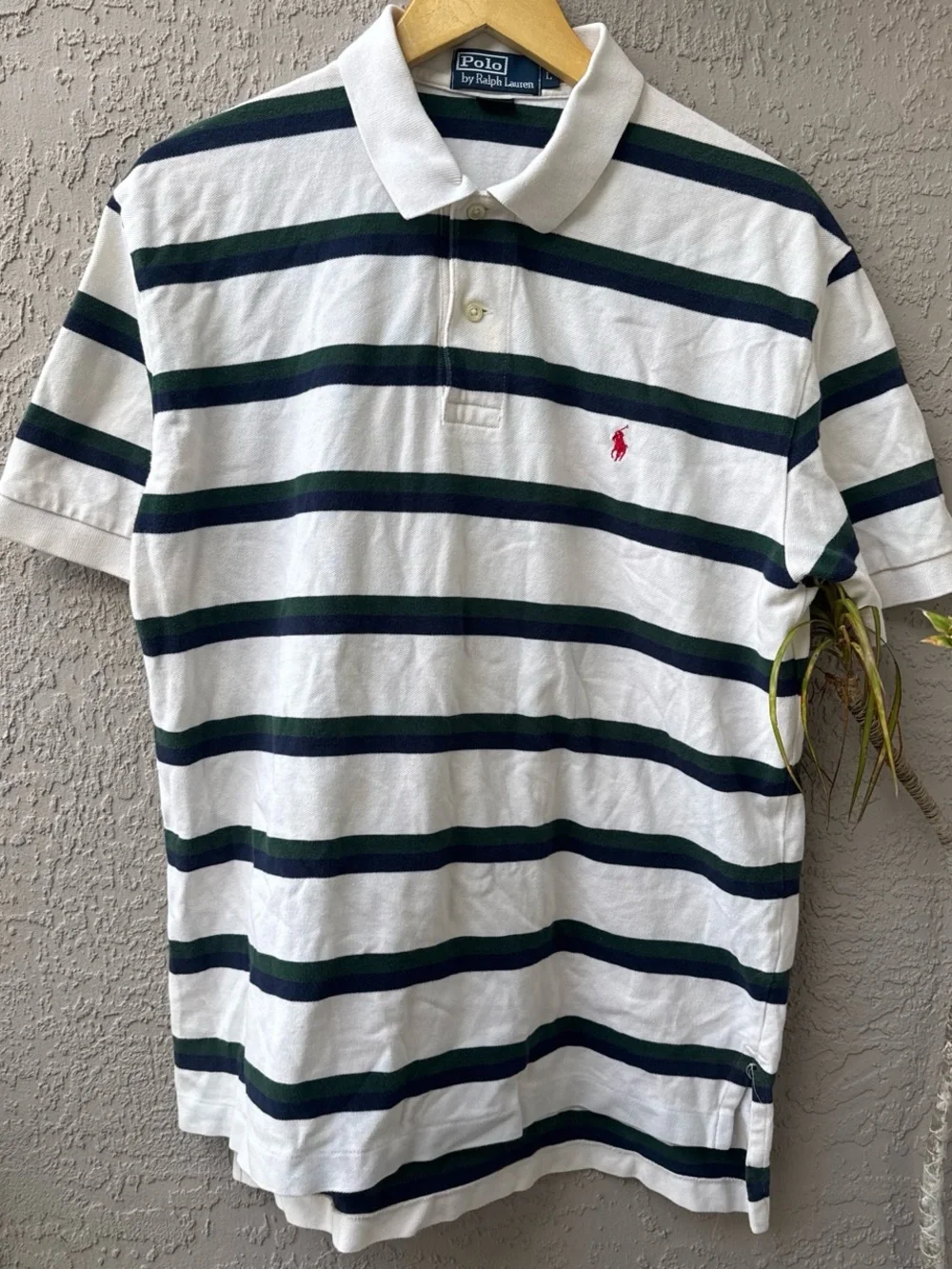 Ralph Lauren White Polo with Green & Navy Stripes and Red Pony